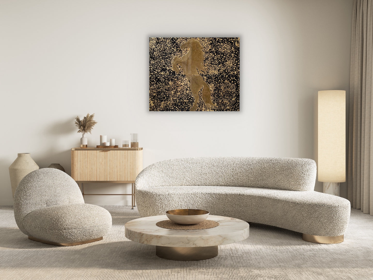 Cuadro 'El Caballo del Oro': Mockup que resalta la majestuosidad y el detalle de esta obra de arte única.